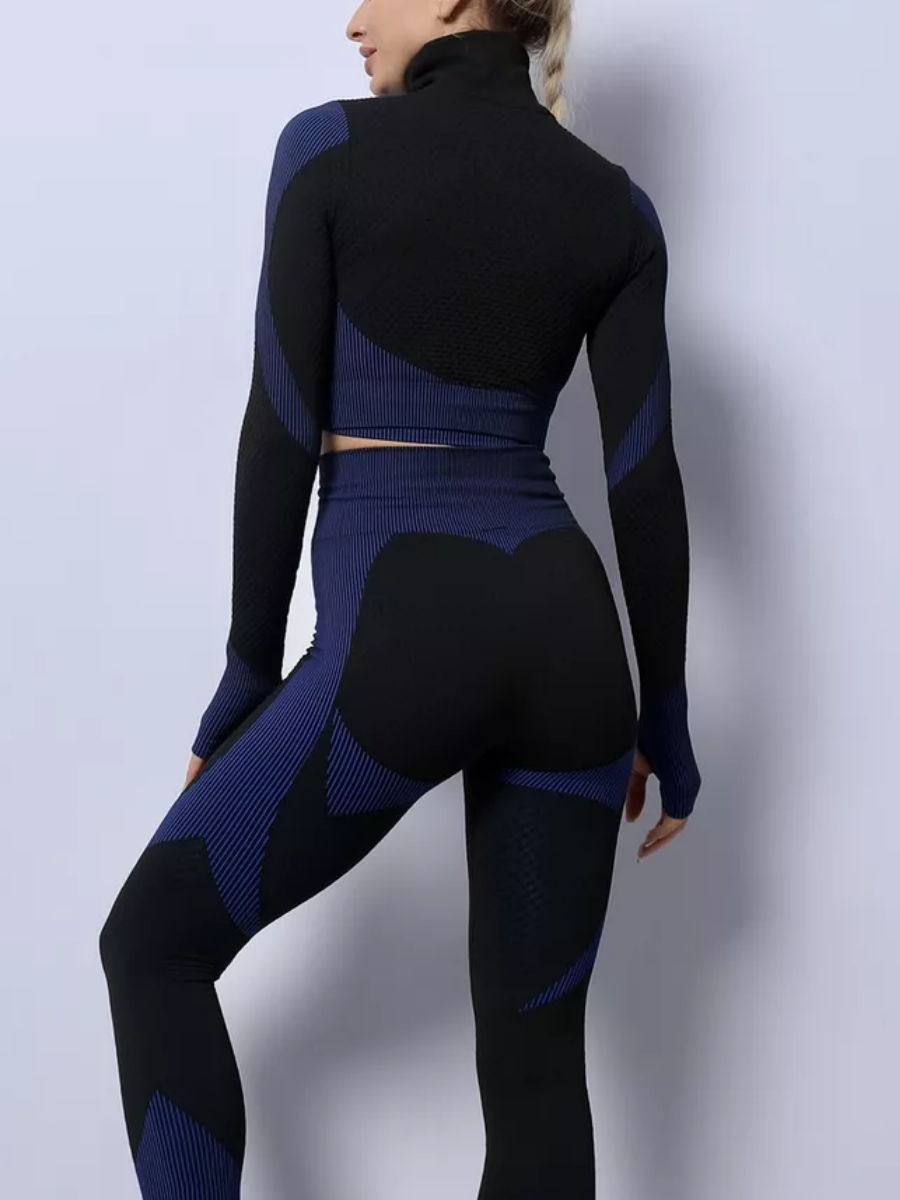 Komplet sportowy 3-częściowy granatowo-czarny – top cross-back, legginsy, bluza