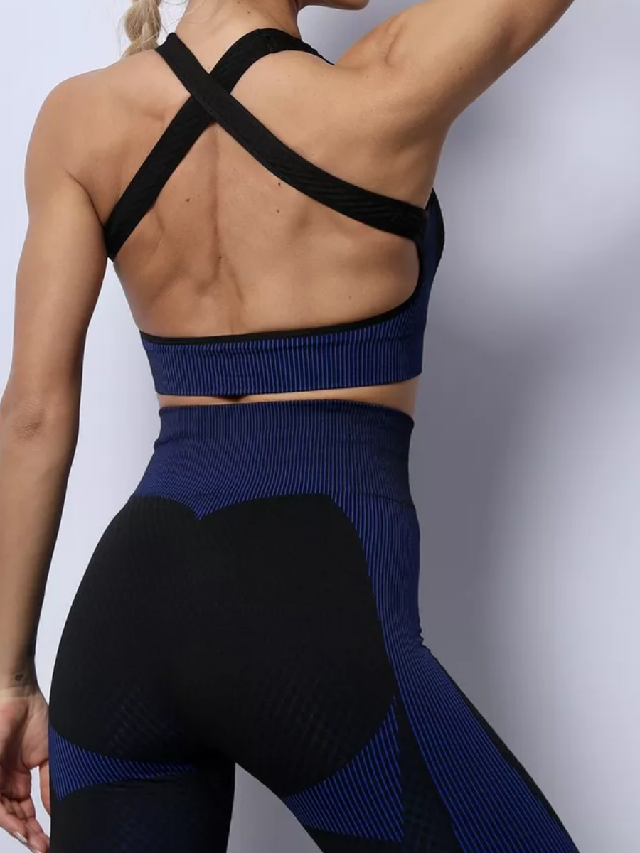 Komplet sportowy 3-częściowy granatowo-czarny – top cross-back, legginsy, bluza