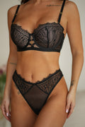 Klasyczny zestaw bielizny z siateczką i koronką, push-up, Czarny