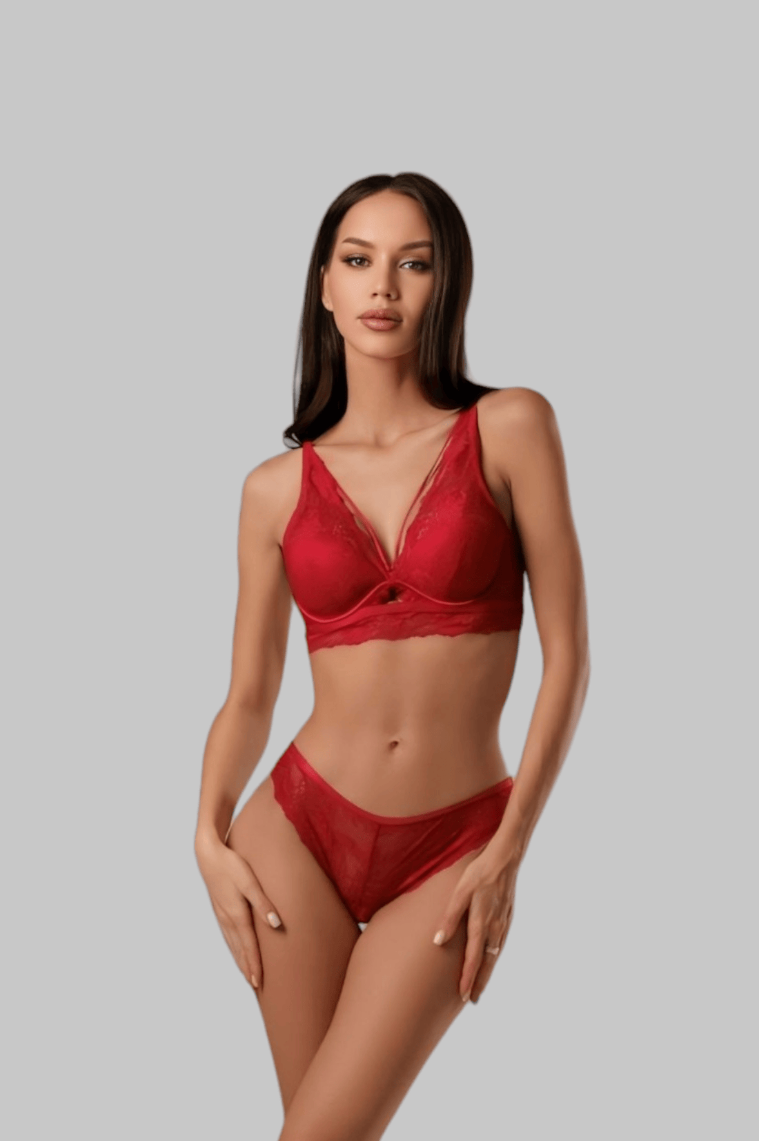 Czerwony koronkowy zestaw bielizny bez push-up - usztywniane miseczki na fiszbinach + figi koronkowe